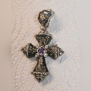 Silver Cross Necklace with Purple Accent